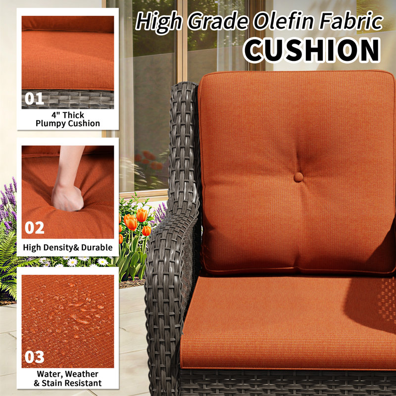 2-Person Outdoor Patio Conversation Rattan Seating Group With 1 Coffee Table,2 Swivel Chairs and Orange Cushions, Orange