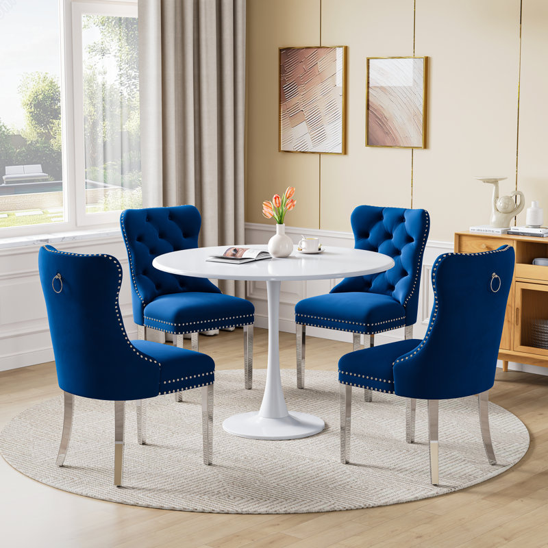 5-Piece Round Metal Dining Table Set With Velvet Upholstered Chairs – Modern Dining Furniture For Small Spaces, Blue/Silver
