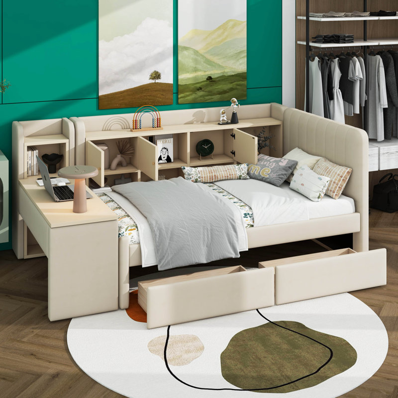 Upholstered Daybed Twin Size With Flip Cabinets & Side Table/Desk, Multi-Functional Bed Frame With 2 Drawers And Shelves