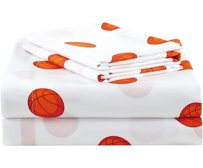 Full Size White and Orange Basketball Microfiber Sheet Set