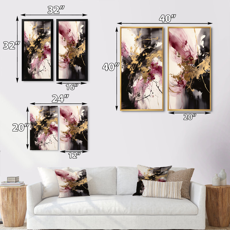 2 pièces sur toile - Or et rose fluides fusion, H 32 po x l 32 po, Toile tendue
