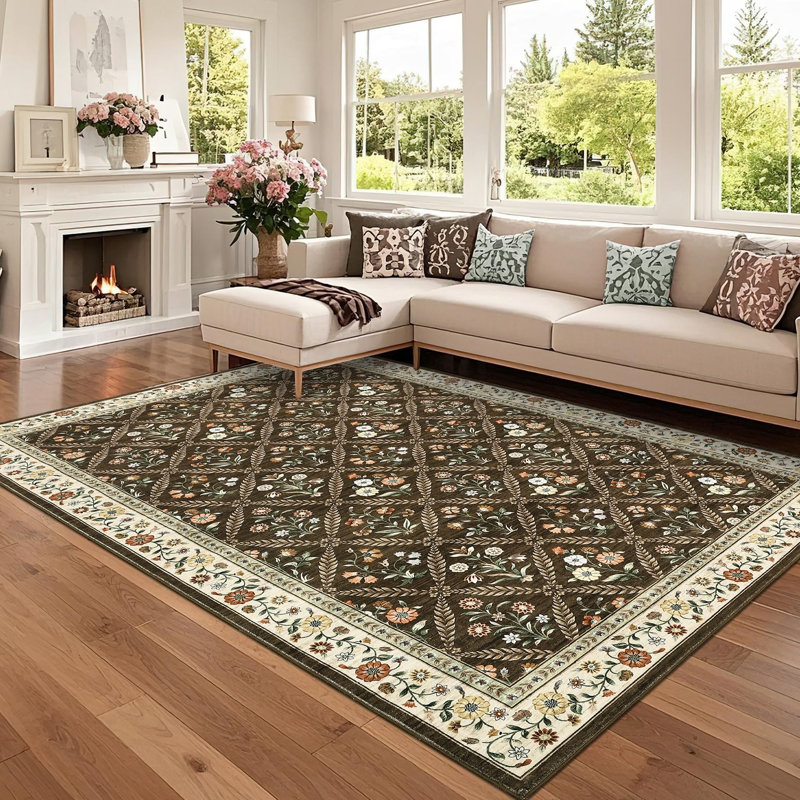 Machine Washable Bordered Rug Non Slip Rug Floral Foldable Rugs for Living Room Bedroom Playroom Nursery Dorm, Brown
