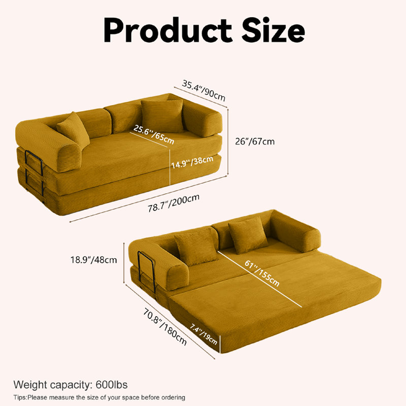 Canapé futon 2-en-1 pliable avec coussins amovibles, Orange