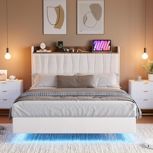 Base de lit flottante avec tête de lit avec rangement, lit plateforme tapissier avec éclairage ambiant à DEL et station de charge intégrée