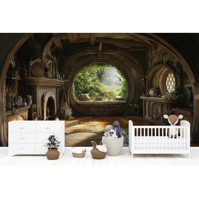 Papier peint Cozy Hobbit Home avec fenêtres rondes et décor en bois rustique, magnifique murale 3D pour les bibliothèques, les espaces de vie ou les intérieurs fantaisistes