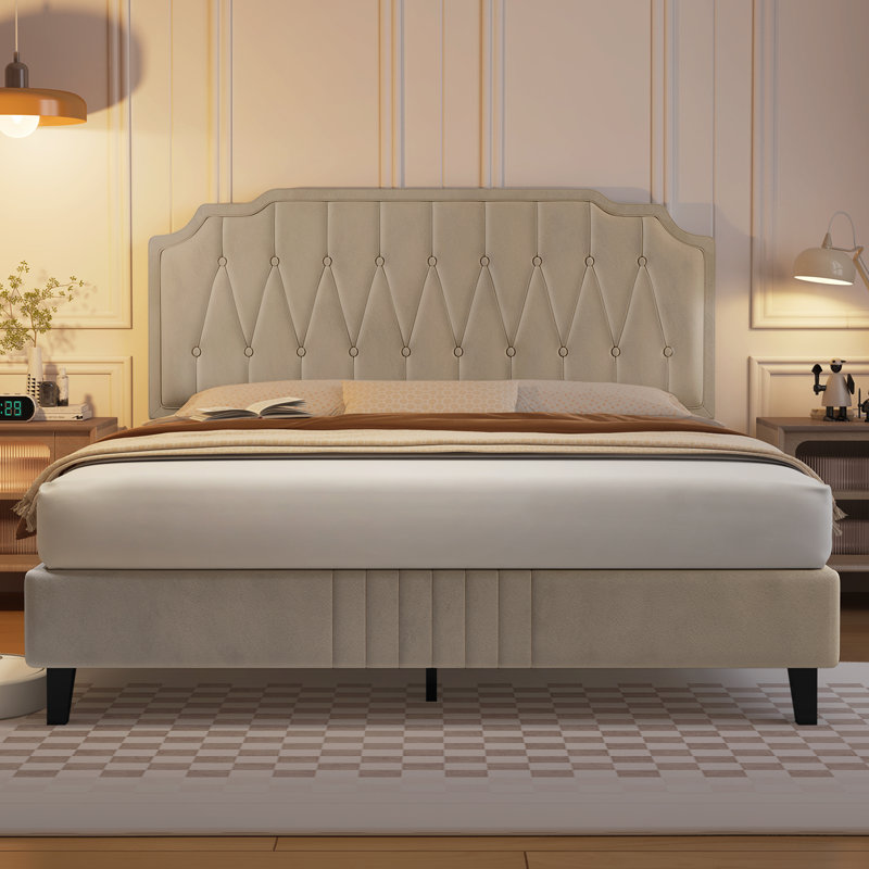 Upholstered Bed Frame with with Diamond Button-Tufted Headboard, Beige, Double (4'6)