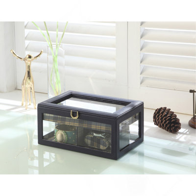 Présentoir à bijoux en verre trempé et en cuir 9,8 po, bleu
