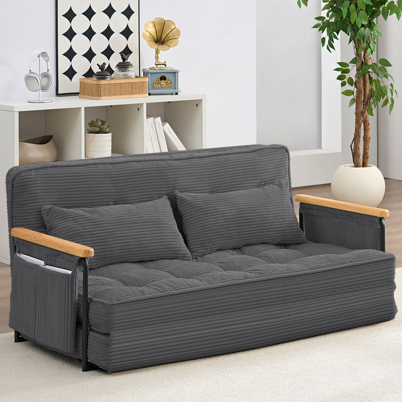 2-in-1 Convertible Loveseat Recliner with Wooden Arms & Side Pockets, Gray