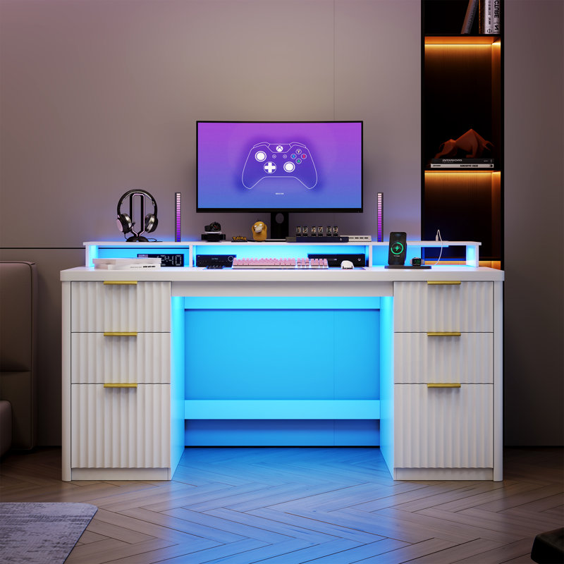 Bureau d'ordinateur de 63 po de largeur avec capteur de lumière 3 couleurs et prises de courant, table robuste avec support pour moniteur et tiroir pour classeur