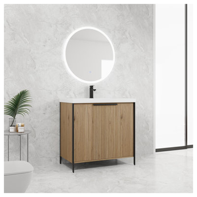 Meuble-lavabo autoportant 36 po avec lavabo en résine et portes à fermeture douce en café clair