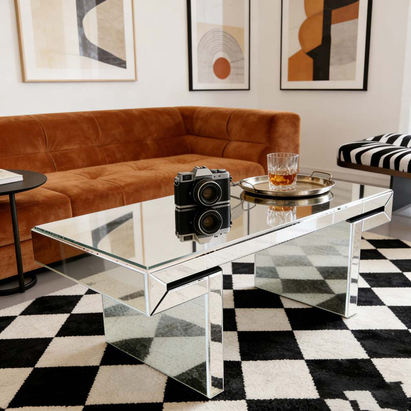 Luxury Rectangular Mirror Coffee Table Fluted Tempered Glass Easy Assembly