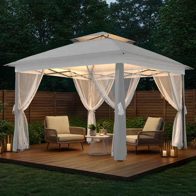 Tente à auvent escamotable 11 x 11 pi, pavillon de jardin extérieur, pavillon robuste avec structure en métal robuste et toits doubles, abri de patio avec moustiquaire, résistant à l'eau et aux rayons UV, idéal pour la cour, le jardin et la pelouse
