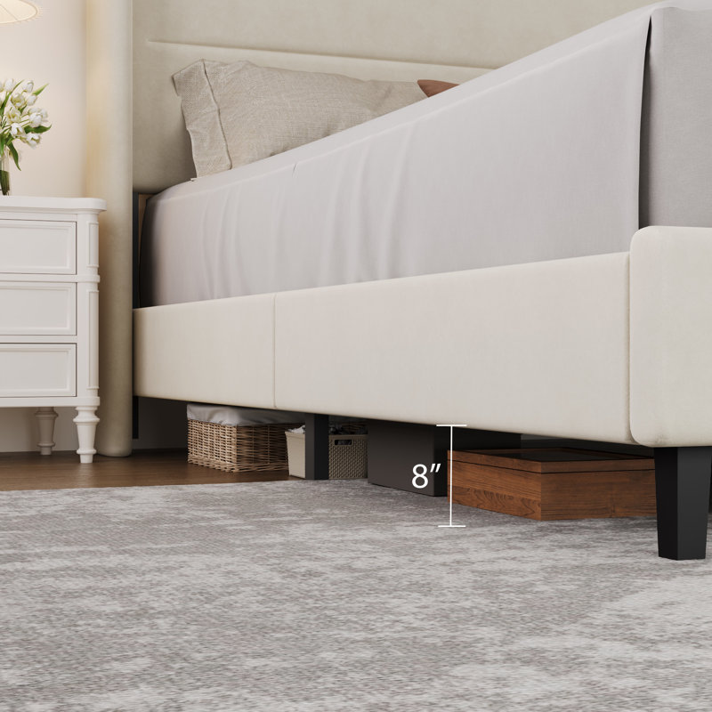 Structure de lit grand format en velours avec tête de lit à oreilles, cadre de lit tapissier avec lattes de bois, aucun sommier requis, assemblage facile, beige
