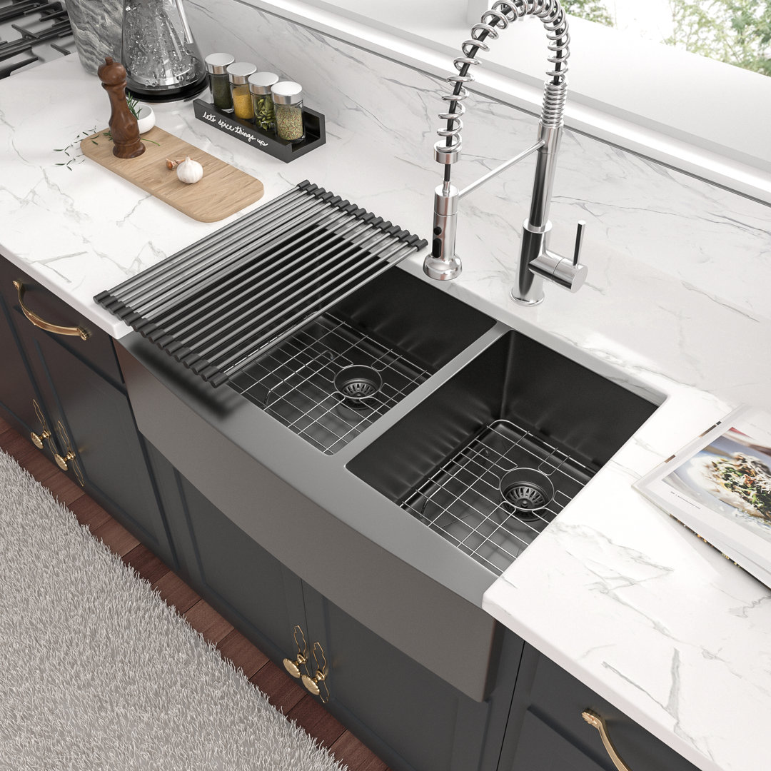 Gunmetal Black 60/40 Double Bowl 16 Guage Stainless Steel Apron Front/Farmhouse Kitchen Sink Sarlai 