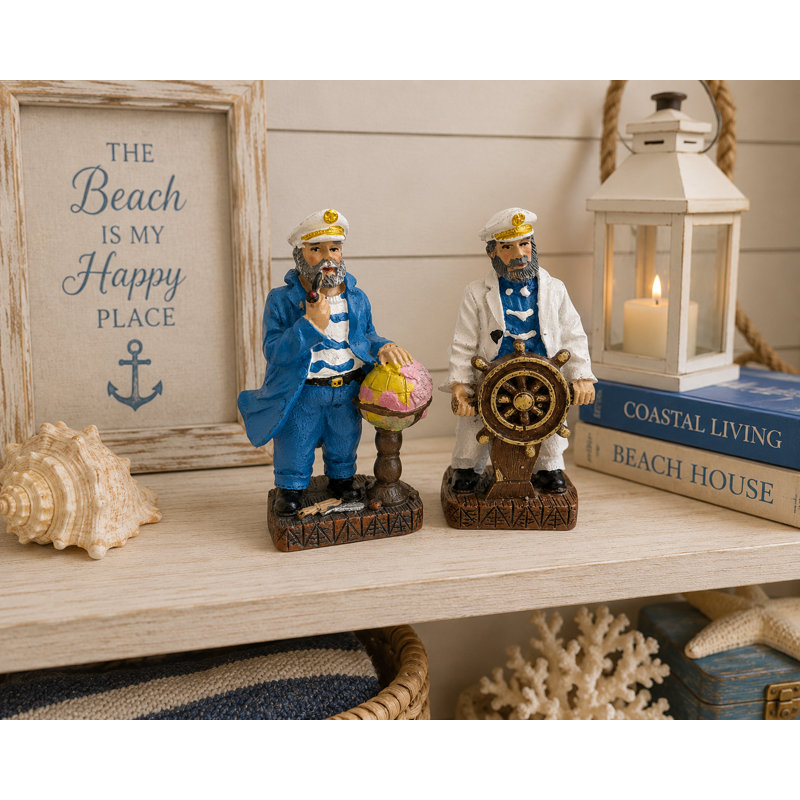 Ensemble de 2 figurines capitaines - une avec un globe - une autre à une roue de navire
