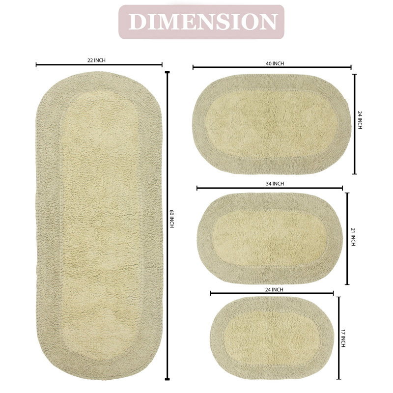 Eveland Runner 100% Cotton Non-Slip 4 Piece Bath Rug Set, Sage