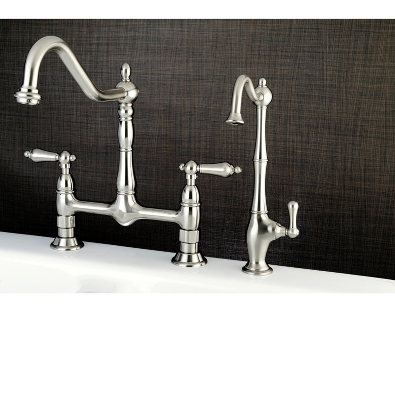 Kingston Brass Heritage Two-Handle 2-Hole Deck Mount Bridge Kitchen Faucet, Brushed Nickel