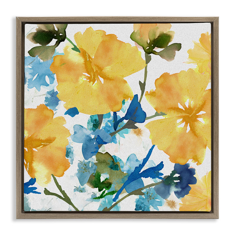 Hibiscus jaune et bleu, Cadre flottant orme Montalcino, H 25 po x l 25 po