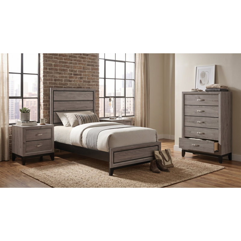 Ensemble de chambre à coucher simple 4 pièces Wesley, Simple Taupe, 4 Pcs: Bed, Chest, 2 Nightstands, Twin
