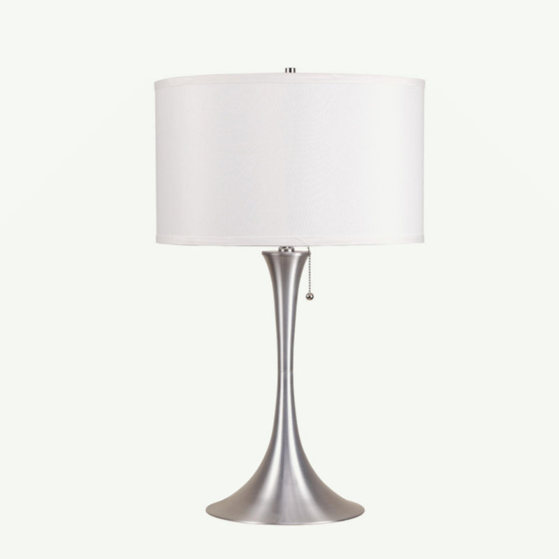 27" Tall Metal Retro Table Lamp With Silver Finish, White Linen Shade