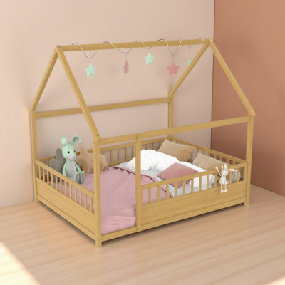Floor Bed With House Roof Frame, Fence Guardrails