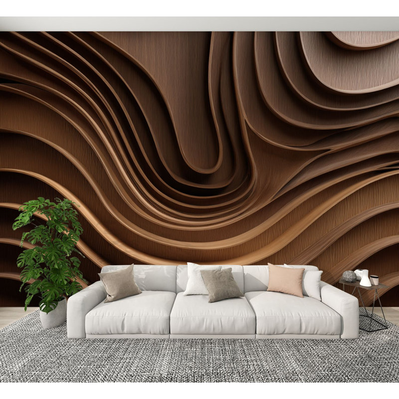 Papier peint pelez et collez Vague texturée en noyer 3D avec motifs de vagues fluides et texture de grain de bois H 100 po x l 144 po Papier mural amovible en PVC auto-adhésif pour le salon de la chambre Bureau à domicile