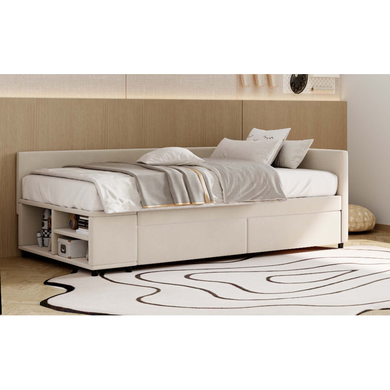 Lit plateforme simple tapissier en forme de L avec rangement et tiroirs, Beige