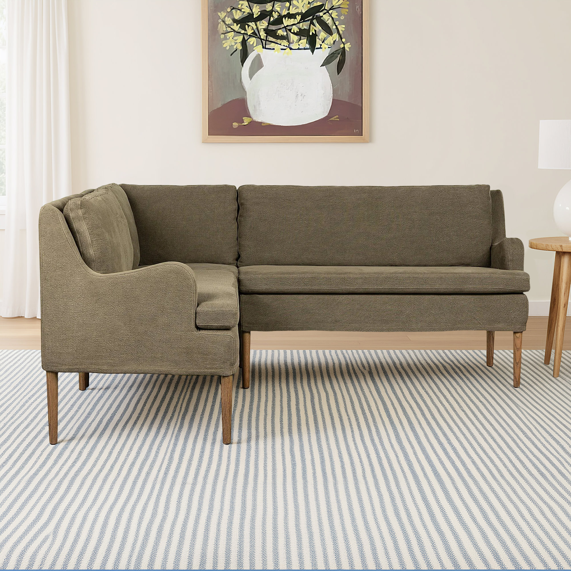 Aurelia Dining Banquette, Broadway Olive Linen, 34.5" H x 76" W x 76" D, Symmetrical