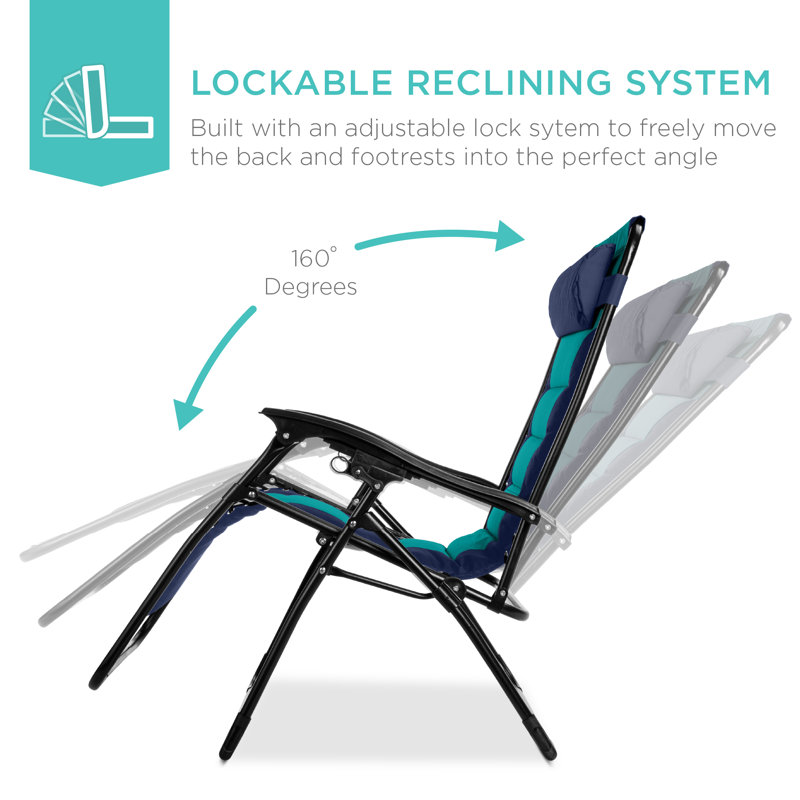 Danny-James Oversized Padded Zero Gravity Chair, Folding Outdoor Patio Recliner w/ Side Tray, Navy/Teal