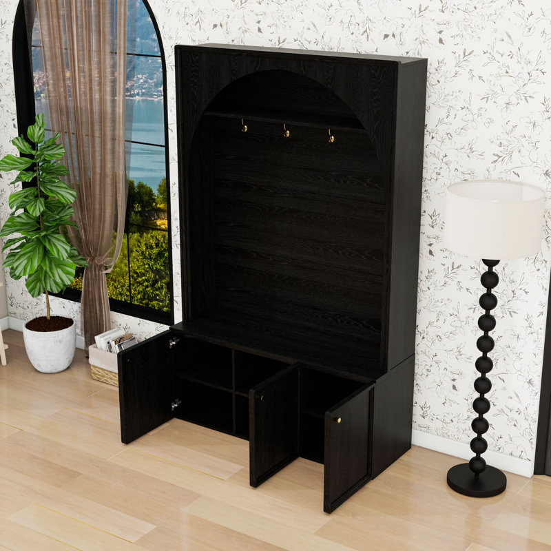 Wooden Hall Tree with Storage Bench, Cabinets, Hooks and Adjustable Shelving, Black