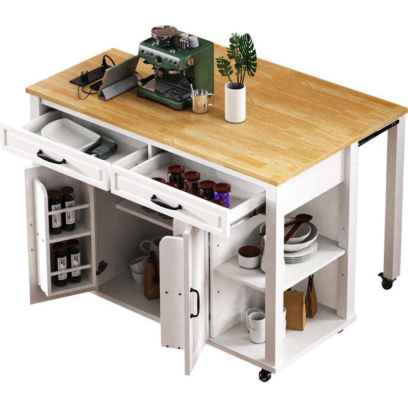 Îlot de cuisine 47,2 po avec table de salle à manger extensible 13,8 x 41,7 po, placage en bois d'hévéa, support de rangement interne, prises de recharge