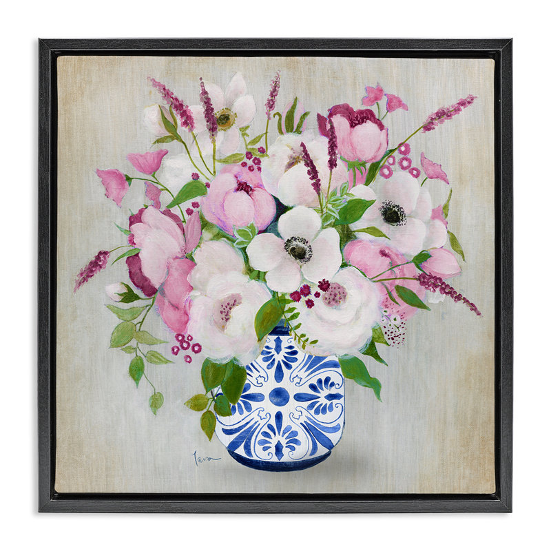 Cadre flottant rose fleur chinoiserie, design par Janet Tava, Cadre flottant noir de jais, H 18 po x l 18 po