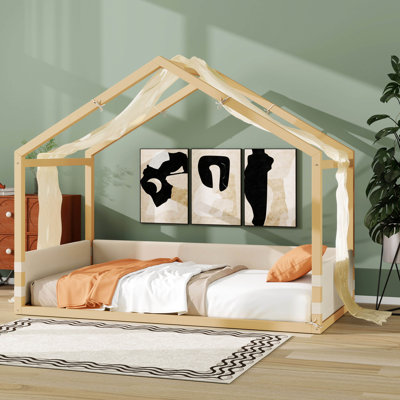 Canopy Bed with Upholstered Velvet Side Panels, Breathable Gauze Canopy, House Floor Bed with Wooden Slat Support