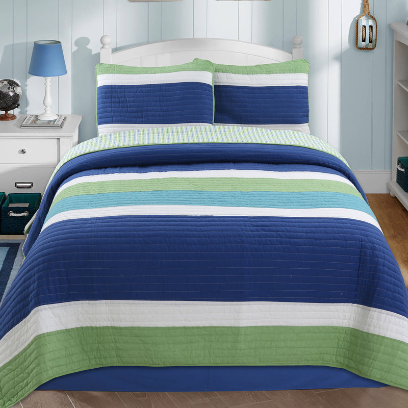 Waylon Blue and Green Cotton Twin Reversible Quilt Set