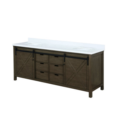 Meuble-lavabo brun l 80 po x P 22 po avec comptoir en quartz blanc - construction en bois massif, fermeture en douceur, résistance aux rayures et aux taches, espace de rangement spacieux de 80 po Double construction, fonction de fermeture,