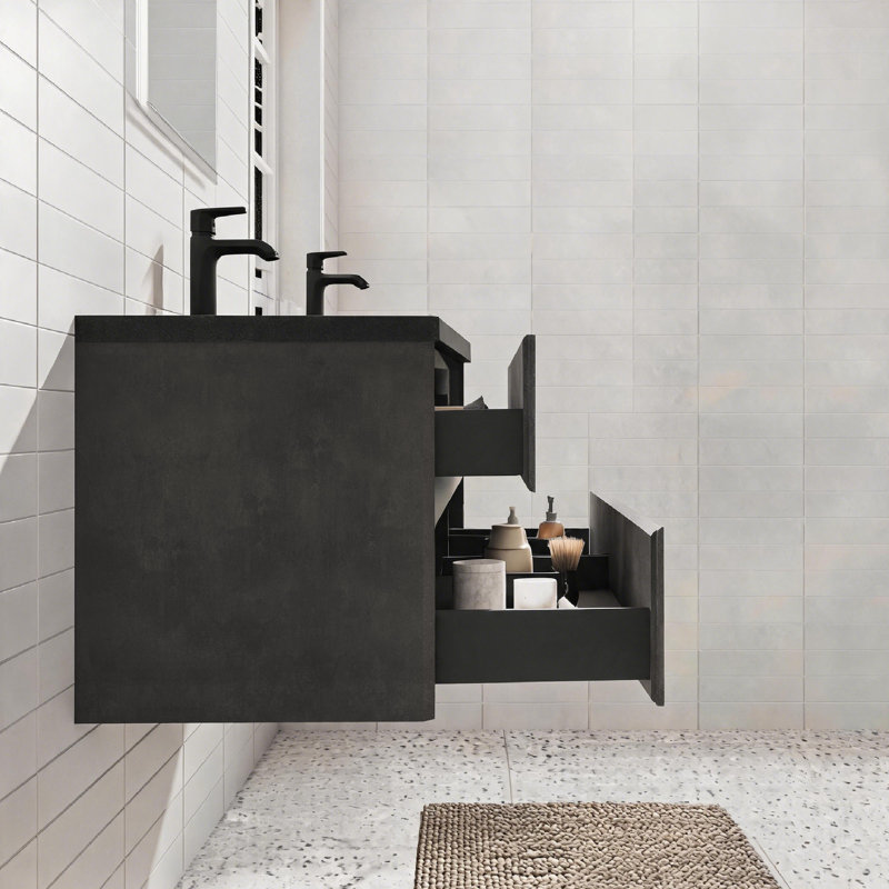  Meuble-lavabo mural 60 po avec lavabo en résine noire 60 po, 2 tiroirs, moderne, résidentiel, luxe abordable, hôtels, centres commerciaux