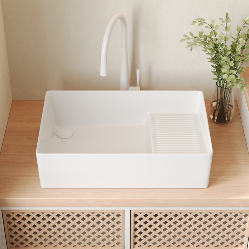 Perch 24" X 15" Square Ceramic White Vessel Sink Bathroom Sink With Slanted Washboard Design