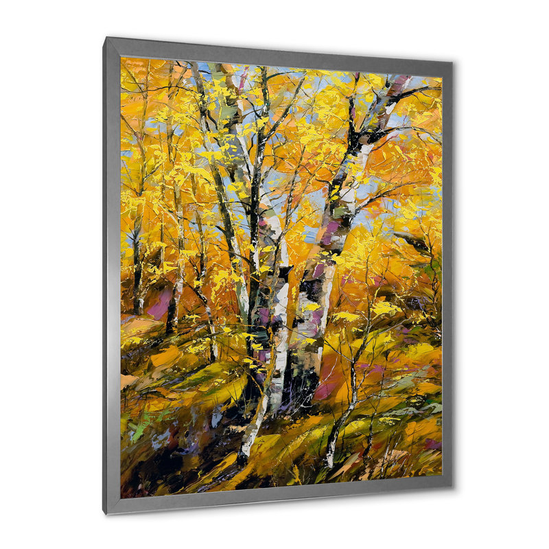 Bouleaux en bois d'automne jaune - peinture sur toile, H 32 po x l 24 po x P 1 po, Cadre photo argenté