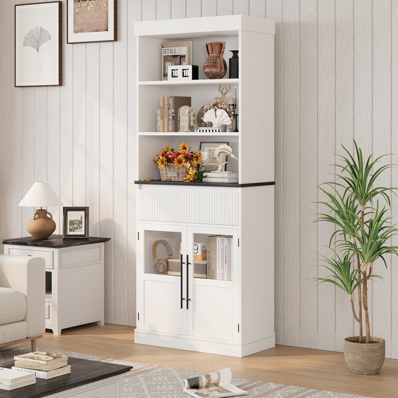 Armoire de cuisine de 70 pouces de haut en blanc - Armoire de rangement avec 2 portes en verre, un tiroir et 3 tablettes réglables pour la salle de bain, le bureau, le salon ou la salle à manger