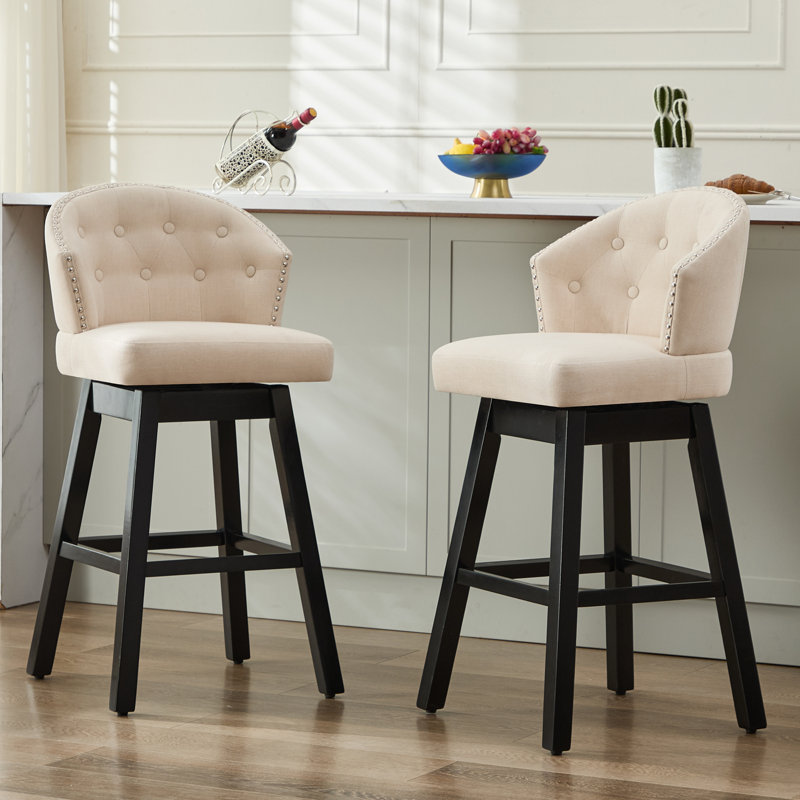 Tabourets de bar rembourrés avec structure en bois massif Aadhvika, Beige / lin