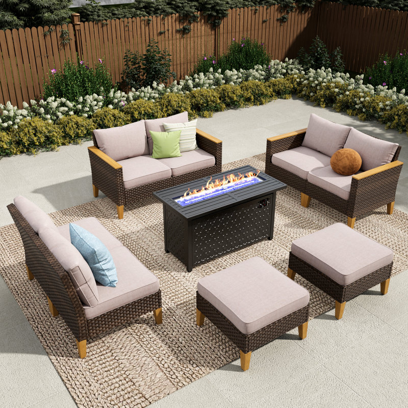 Phenice 9 - Person Wicker Outdoor Patio Conversation Furniture Sectional Set with Fire Pit Table