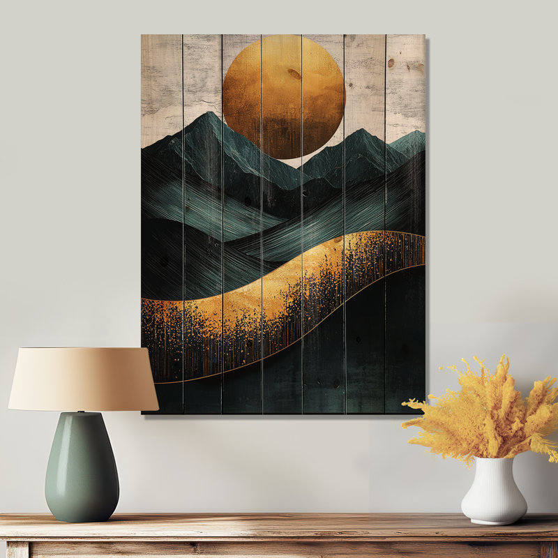 Lever de soleil sur les montagnes émeraude dorées, horizon IV - paysage de montagnes, art mural en bois