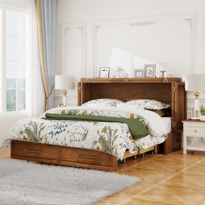 Grand lit escamotable avec station de charge et tiroirs, grand style campagnard élégant, assemblage facile, finition noyer (matelas inclus)