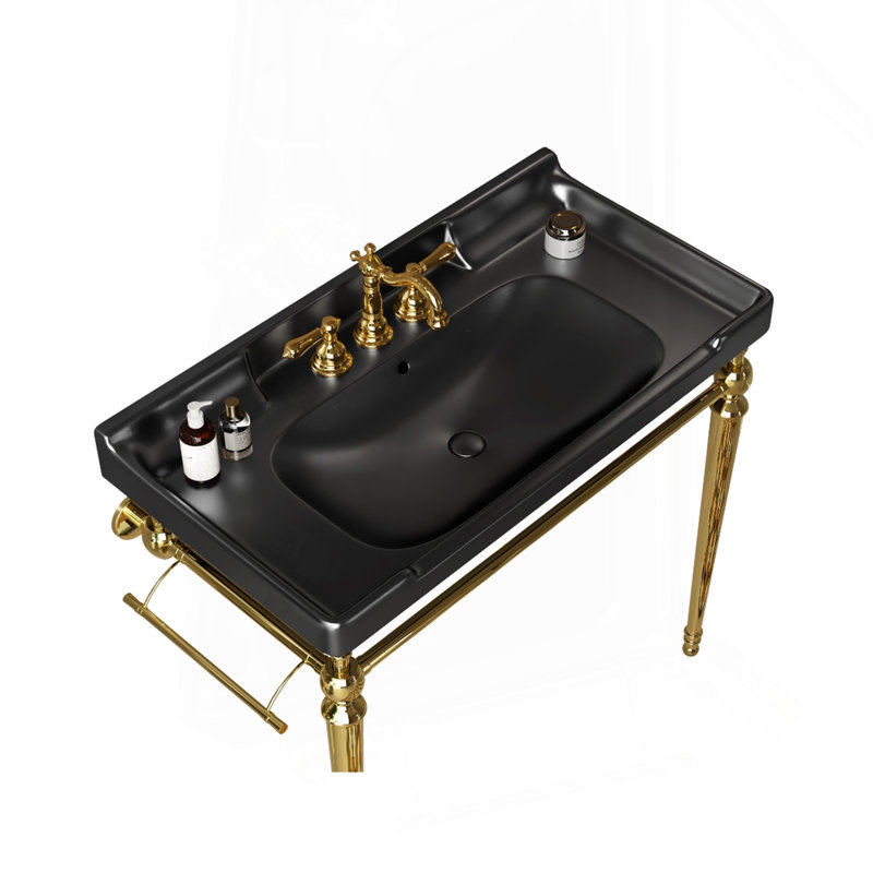 36" Bathroom Ceramic Basin with 3 pre-drilled hole, NO Cabinet and Faucet, Black, Black