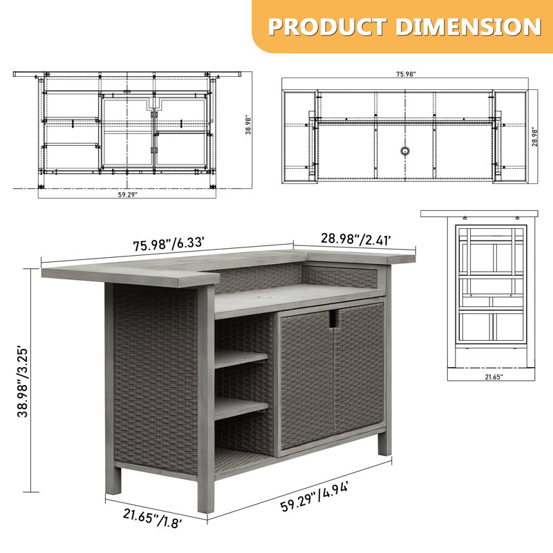 Outdoor Aluminum Grill Cart PE Wicker Bar Cart and Cabinet with Storage