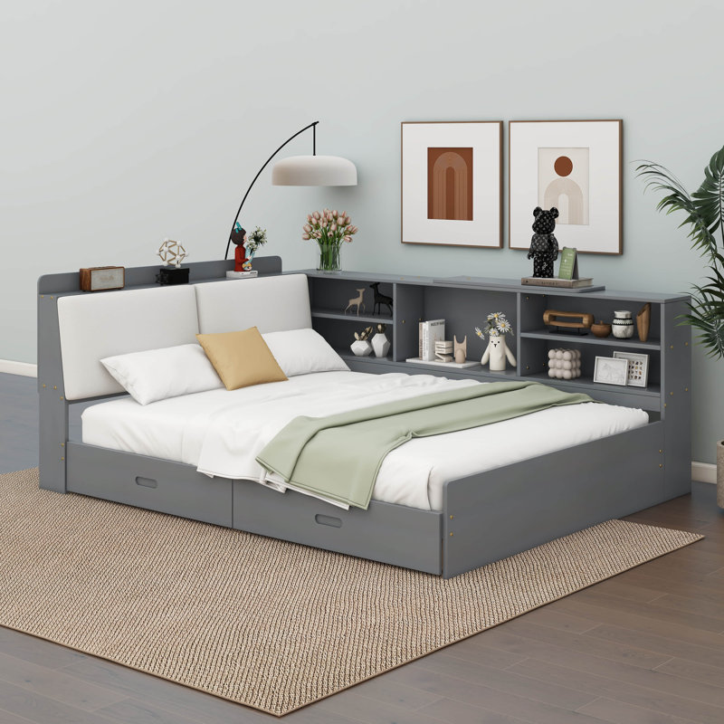 Lit plateforme en bois avec tête de lit, tablettes et 2 tiroirs, Gris