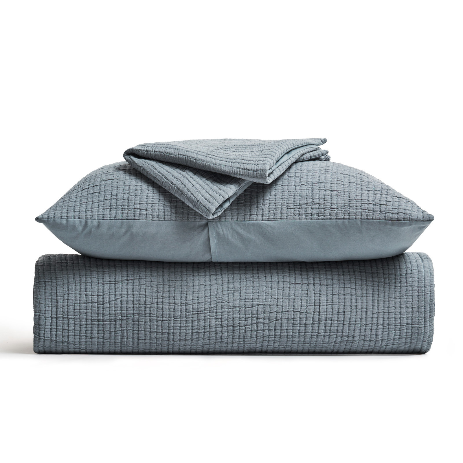 Solid Cotton Gauze Pick-stitch Matelesse Coverlet Bedspread set, Queen Quilt + 2 Queen Shams, Dusty Blue