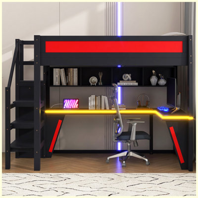 Full Size Gaming Loft Bed with Desk, Wardrobe, LED Lights, Built-in USB Ports, Black & Red