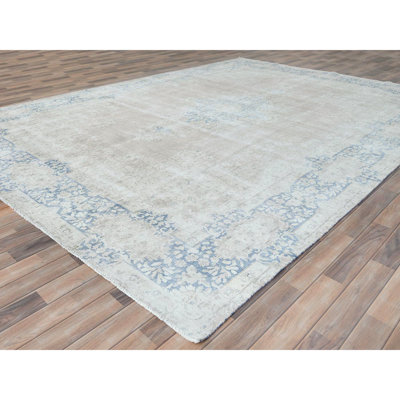Tapis de style persan Kerman Shabby Elegance, cisaillé bas, usé et vieilli 9 pi 7 po x 13 po 2 po en laine délavée noué à la main 98F5C8DFE1B24C12839139CE431005F4