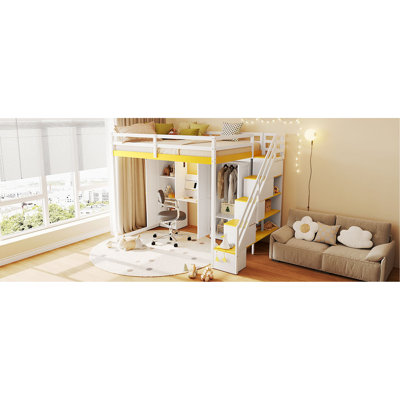 Lit mezzanine double avec escalier de rangement, coiffeuse intégrée avec miroir et tiroir, garde-robe et armoires, ports et lumières de charge USB, blanc et jaune